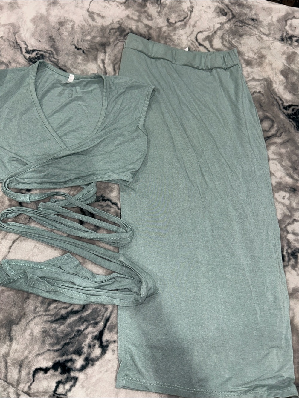 Sage Green Two-Piece Wrap Top & Skirt Set